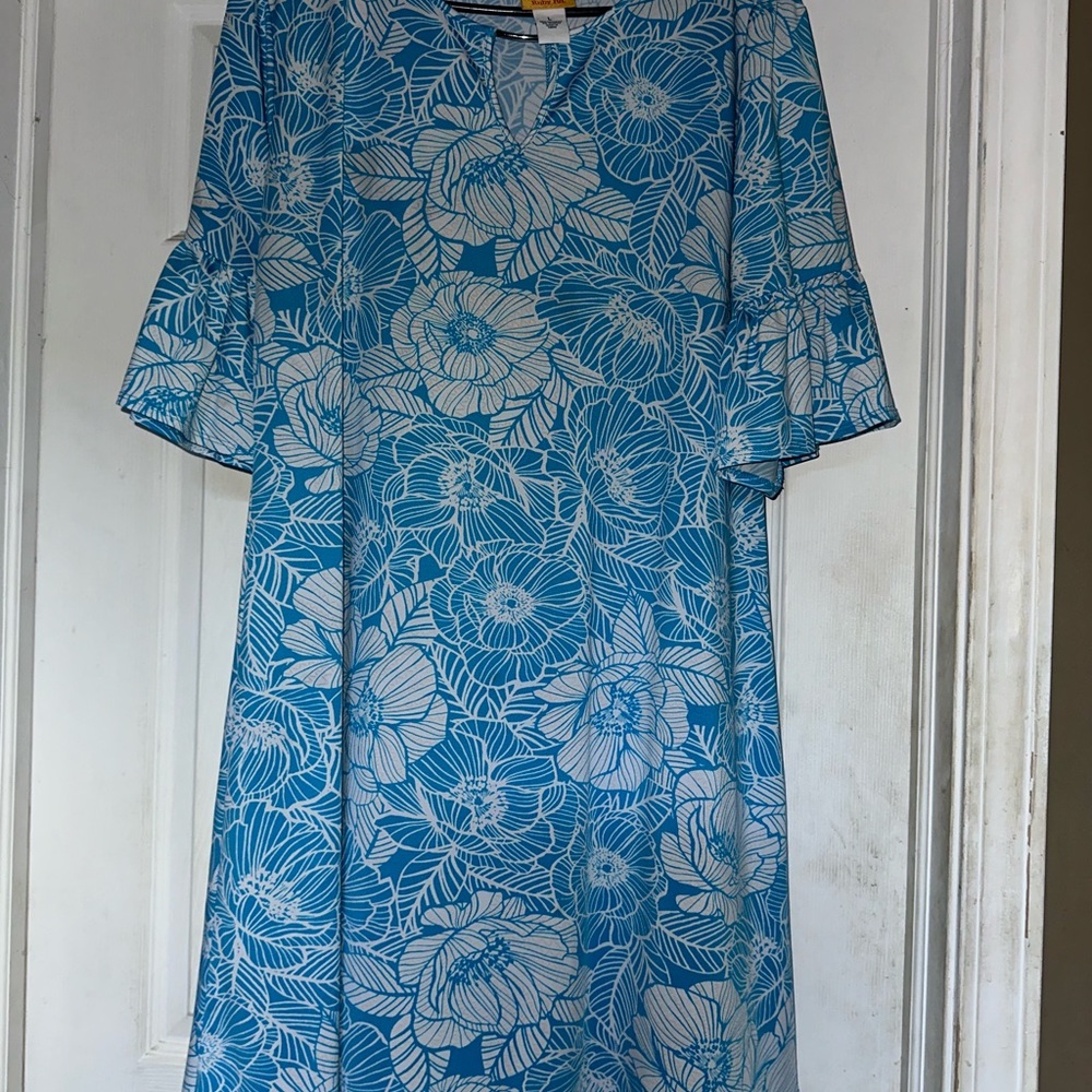 Ruby Rd. Blue and White Floral Long Sleeve Dress